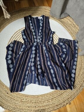 L'ATISTE Navy Blue Printed Sleeveless Jumpsuit With Skirt and Tie Waist